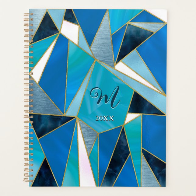 Chic blue aqua teal abstract geometric planner (Front)