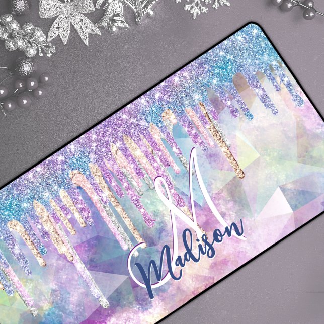 Chic blue aqua unicorn dripping glitter monogram desk mat (Creator Uploaded)