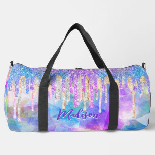 Chic blue aqua unicorn dripping glitter monogram duffle bag