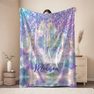 Chic blue aqua unicorn dripping glitter monogram fleece blanket
