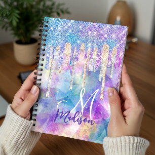 Chic blue aqua unicorn dripping glitter monogram notebook