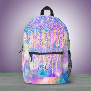 Chic blue aqua unicorn dripping glitter monogram printed backpack
