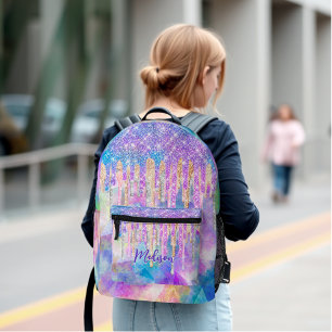 Chic blue aqua unicorn dripping glitter monogram  printed backpack