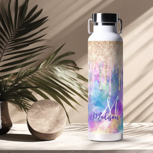 Chic blue aqua unicorn dripping glitter monogram water bottle
