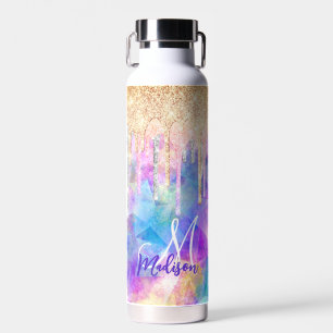 Chic blue aqua unicorn dripping glitter monogram water bottle