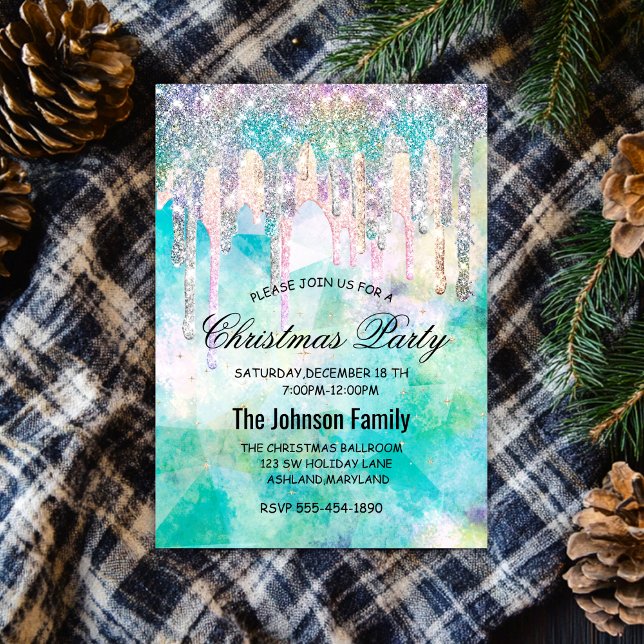 Chic blue aqua unicorn drips glitter Christmas  Invitation (Creator Uploaded)