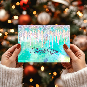 Chic blue aqua unicorn drips glitter thank you card