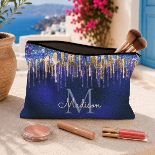Chic blue aqua unicorn gold glitter drips monogram accessory pouch