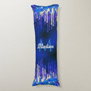 Chic blue aqua unicorn gold glitter drips monogram body cushion
