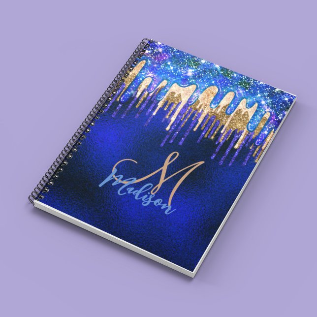 Chic blue aqua unicorn gold glitter drips monogram notebook (Creator Uploaded)