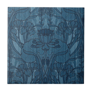 Chic Blue Art Nouveau Iris Botanical Pattern Ceramic Tile