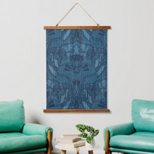 Chic Blue Art Nouveau Iris Botanical Pattern Hanging Tapestry
