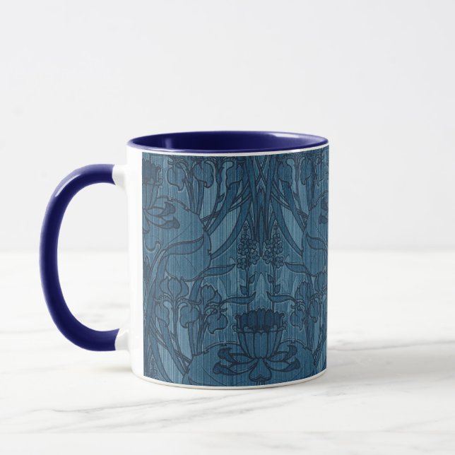 Chic Blue Art Nouveau Iris Botanical Pattern Mug (Left)