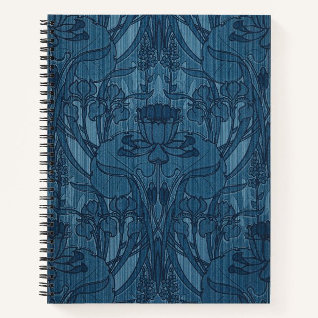 Chic Blue Art Nouveau Iris Botanical Pattern Notebook (Front)