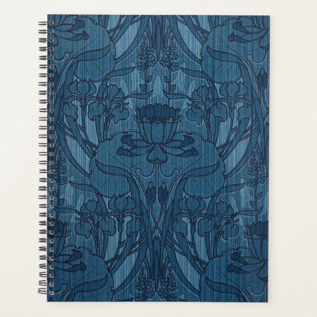 Chic Blue Art Nouveau Iris Botanical Pattern Planner (Front)