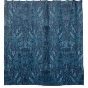 Chic Blue Art Nouveau Iris Botanical Pattern Shower Curtain