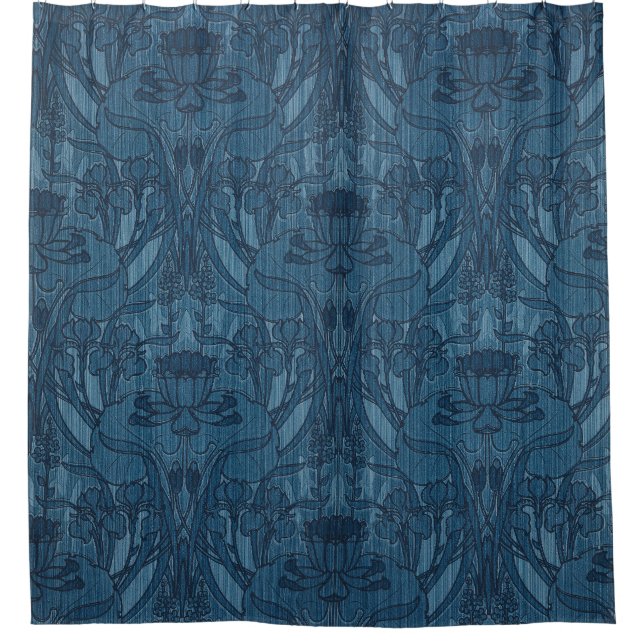 Chic Blue Art Nouveau Iris Botanical Pattern Shower Curtain (Front)