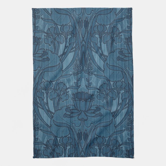 Chic Blue Art Nouveau Iris Botanical Pattern Tea Towel (Vertical)