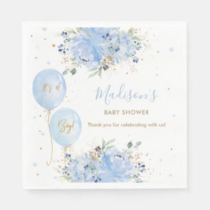 Chic Blue Balloons Blue Floral Boy Baby Shower Napkin