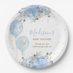 Chic Blue Balloons Blue Floral Boy Baby Shower Paper Plate