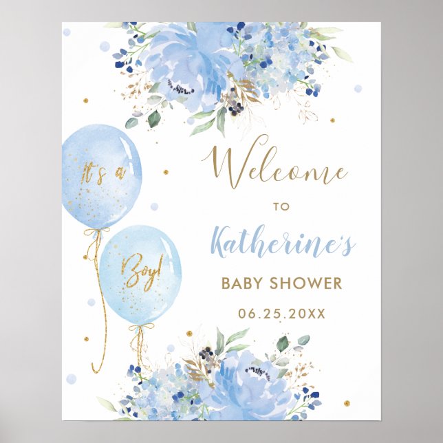Chic Blue Balloons Floral Boy Baby Shower Welcome Poster (Front)