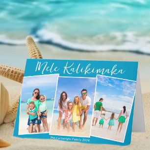 Chic Blue Beach Photo Collage Family Christmas Holiday Card