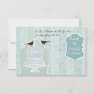 Chic blue bird cage, love birds RSVP 3.5 x 5