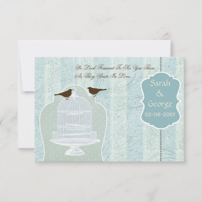 Chic blue bird cage, love birds RSVP 3.5 x 5 Card (Front)