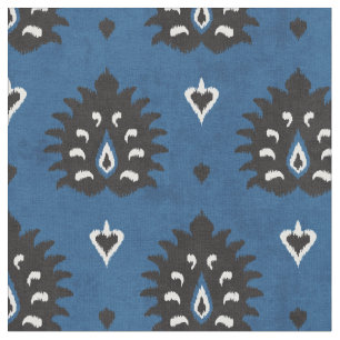 Chic blue black and white damask ikat pattern fabric