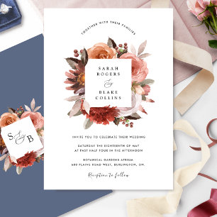 Chic Blue, Burgundy Blush and Pink Floral Wedding Invitation