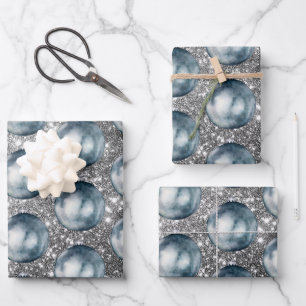 Chic Blue Christmas Balls Silver Sprakles Wrapping Paper Sheet