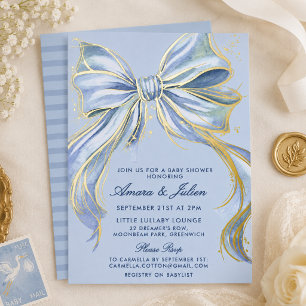 Chic Blue Couture Watercolor Bow Boy Baby Shower