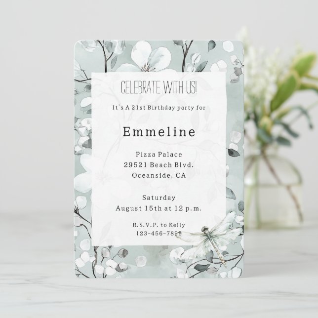 Chic Blue Dragonfly Dream Floral Birthday  Invitation (Standing Front)