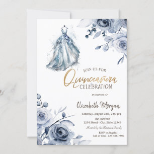 Chic Blue Dress Blue Roses Quinceañera Invitation