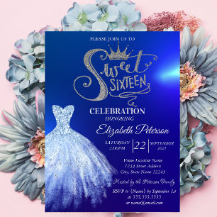 Chic Blue Dress,Diamonds Blue Sweet 16 Invitation