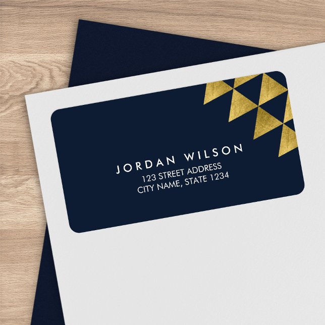 Chic Blue Faux Gold Triangle Geometric Address Label (Creator Uploaded)