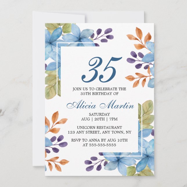 Chic Blue Flora Greenery Any Age Birthday Invitation (Front)