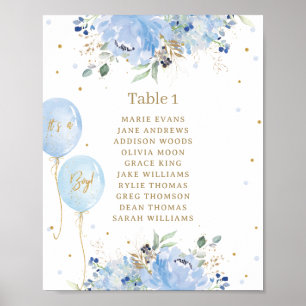 Chic Blue Floral Balloons Baby Shower Seating  Poster