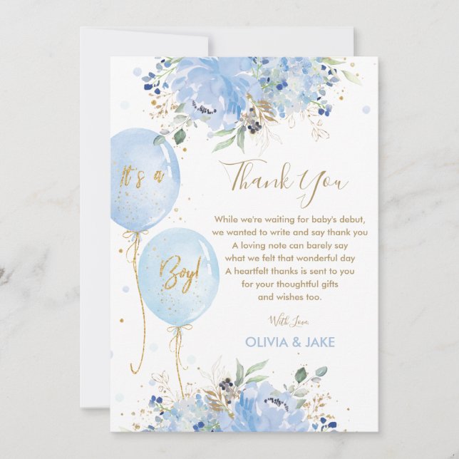 Chic Blue Floral Balloons Gold Boy Baby Shower Thank You Card (Front)
