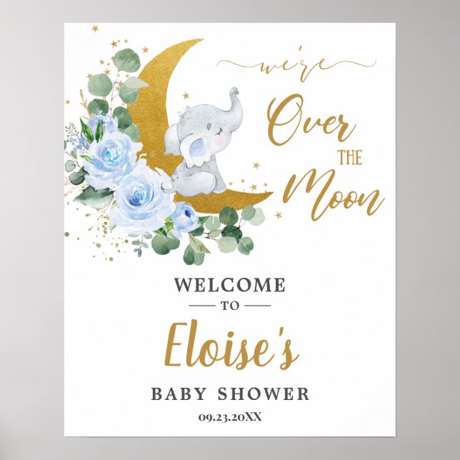 Chic Blue Floral Elephant Moon Baby Shower Welcome Poster (Front)
