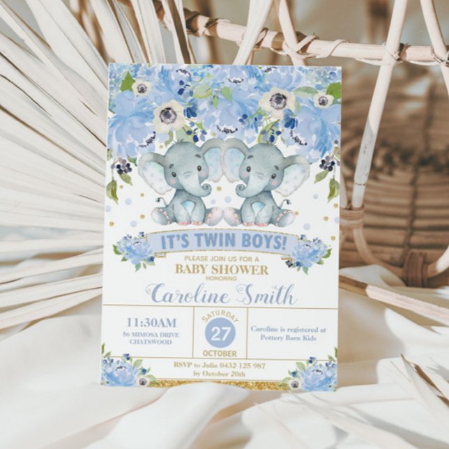 Chic Blue Floral Elephant Twins Baby Shower Boys Invitation (Creator Uploaded)
