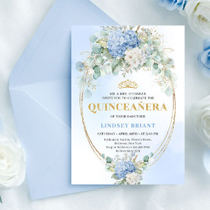 Chic Blue Floral Gold 15th Birthday Invitation