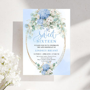 Chic Blue Floral Gold Sweet 16 Birthday Invitation