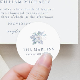 Chic Blue Floral Personalised Name Wedding Classic Round Sticker