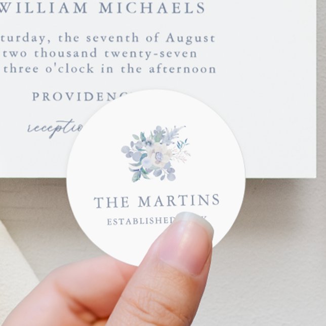 Chic Blue Floral Personalised Name Wedding Classic Round Sticker (Creator Uploaded)