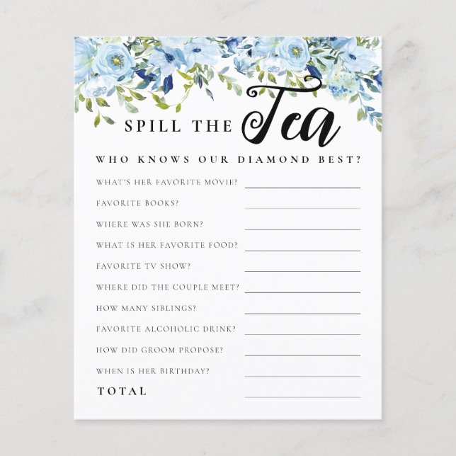 Chic Blue Floral Spill the Tea Bridal Shower Game (Front)