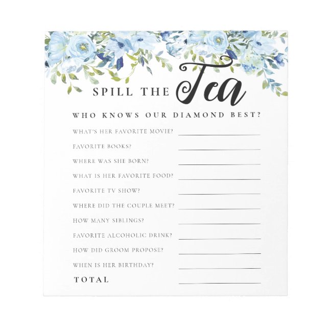 Chic Blue Floral Spill the Tea Bridal Shower Game Notepad (Front)