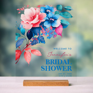 Chic Blue Floral Watercolor Bridal Shower Welcome Acrylic Sign