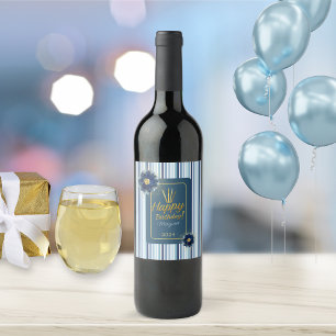 Chic Blue Floral White Stripe Happy Birthday Name Wine Label