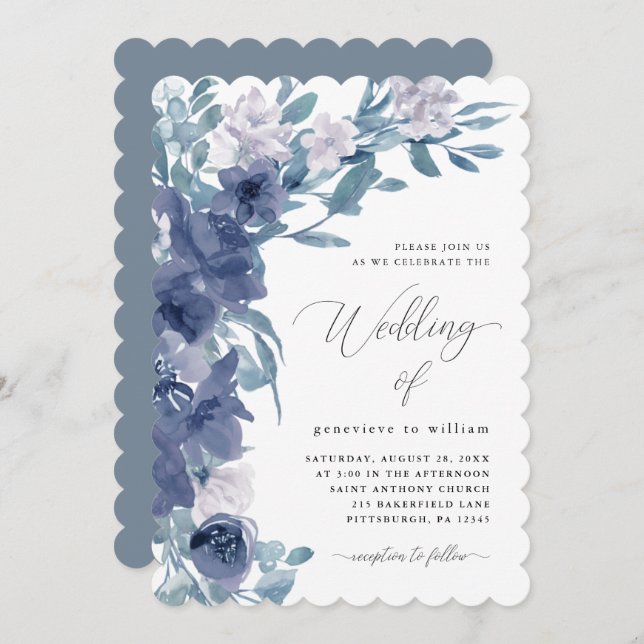 Chic Blue Floral with Calligraphy Wedding Invitation (Front/Back)